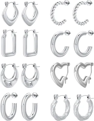 8 Pairs Stainless Steel Chunky Gold Silver Hoop Earrings Set,Gold Earrings for Women,Hypoallergenic Hoop Huggie Trendy Jewelry Earrings for Women