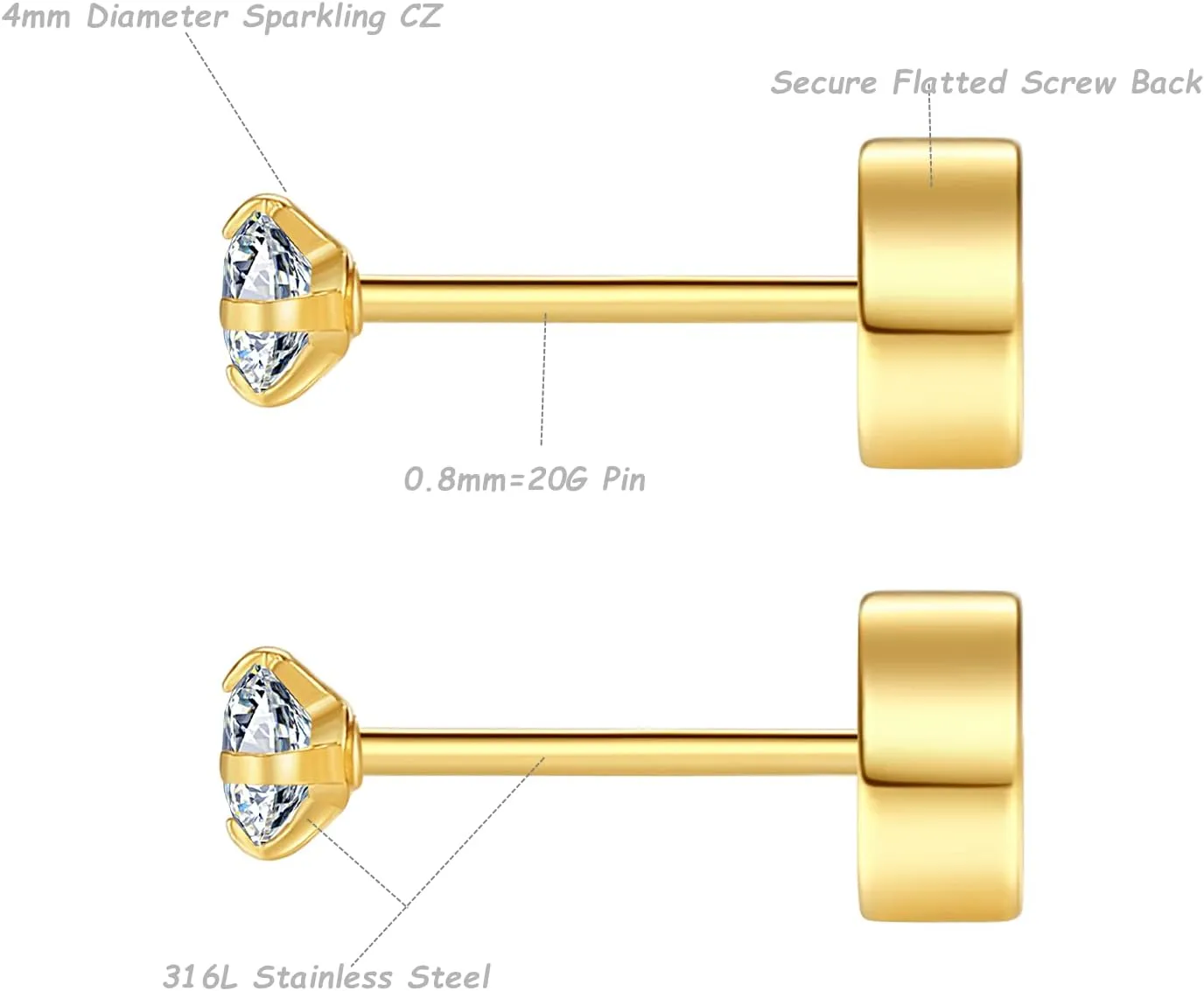 8 Pairs Tiny Flat Back Earrings for Women Men 14K Gold Plated Surgical Stainless Steel Stud Earrings Cubic Zirconia Cartilage Earring Hypoallergenic Piercing Jewelry, 2mm 3mm 4mm