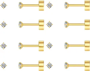 8 Pairs Tiny Flat Back Earrings for Women Men 14K Gold Plated Surgical Stainless Steel Stud Earrings Cubic Zirconia Cartilage Earring Hypoallergenic Piercing Jewelry, 2mm 3mm 4mm