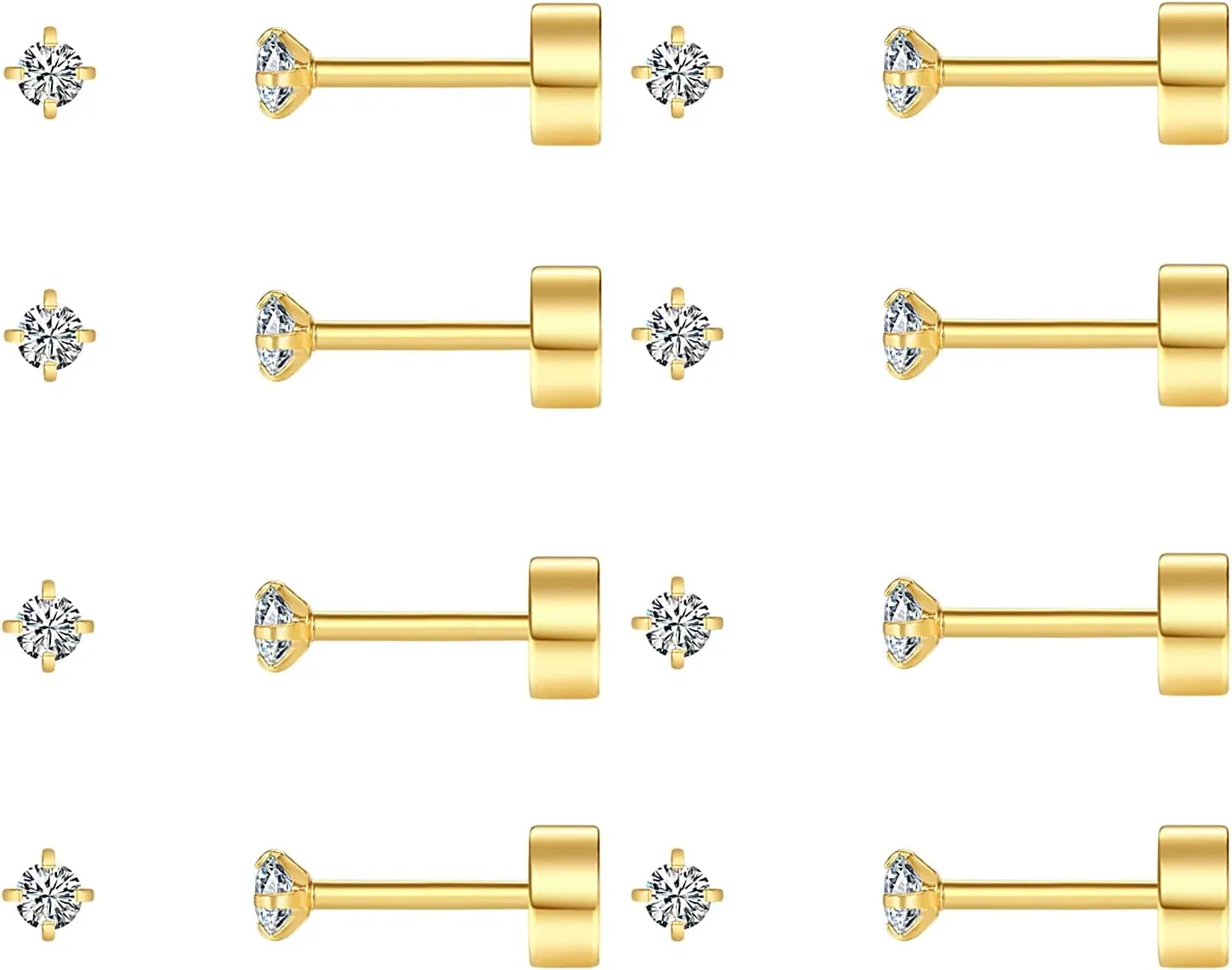 8 Pairs Tiny Flat Back Earrings for Women Men 14K Gold Plated Surgical Stainless Steel Stud Earrings Cubic Zirconia Cartilage Earring Hypoallergenic Piercing Jewelry, 2mm 3mm 4mm