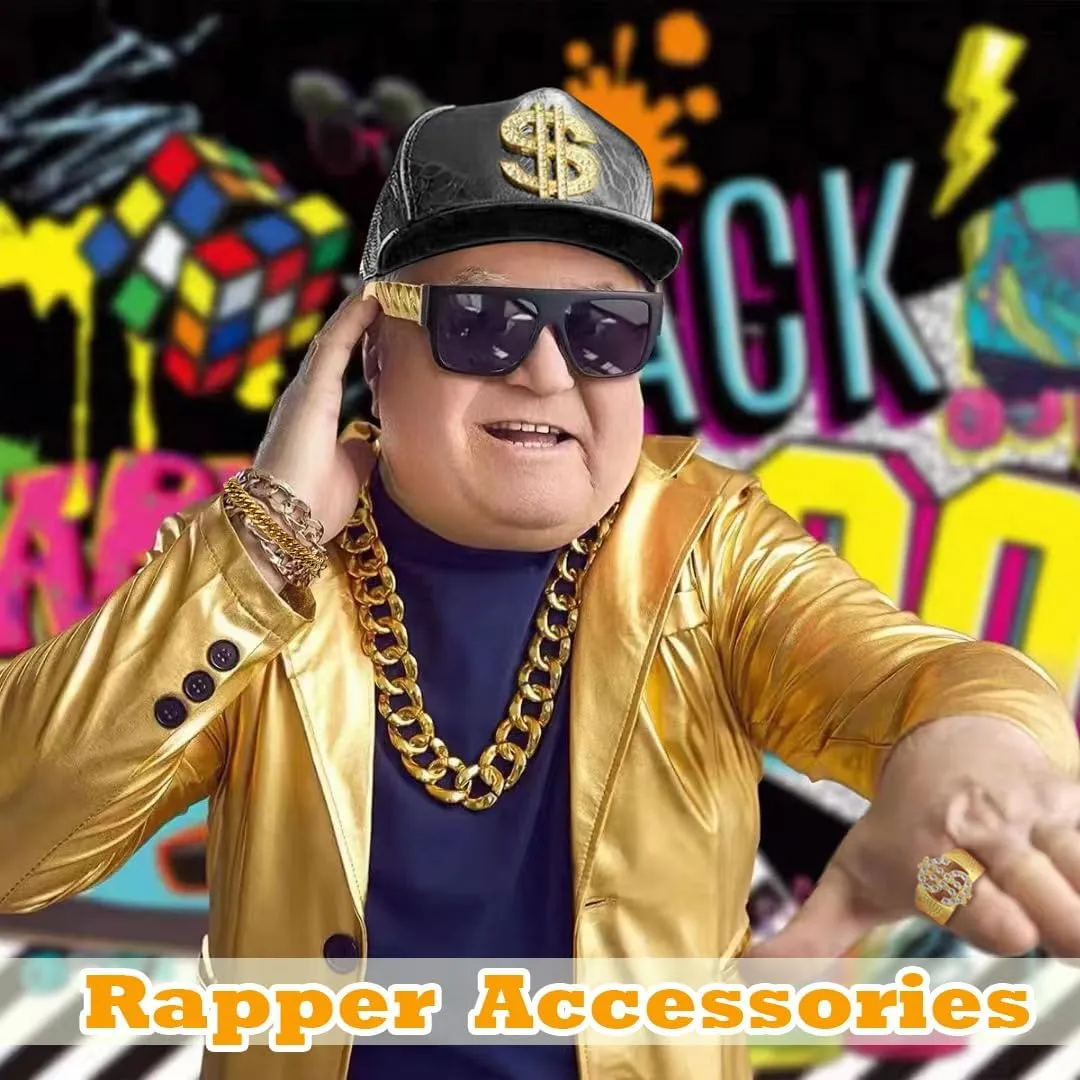 80s 90s Hip Hop Costumes Outfit Kit Fake Gold Chain Necklace Dollar Sign Cap Jewelry Set Rapper Accessories