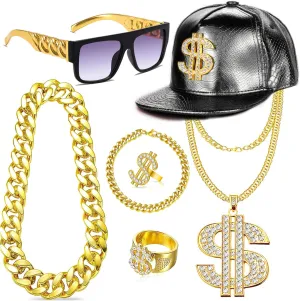 80s 90s Hip Hop Costumes Outfit Kit Fake Gold Chain Necklace Dollar Sign Cap Jewelry Set Rapper Accessories