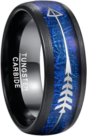 8MM Arrow-Shaped Tungsten Carbide Ring Inlaid Blue Imitation Meteorite Wedding Bands Black Dome Rings Men Jewelry as the picture 12