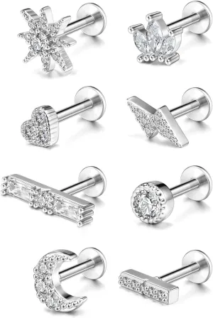 8PCS 16G Cartilage Earring Stud for Women Stainless Steel Helix Tragus Earrings Cartilage Earrings Cubic Zirconia Tragus Helix Piercing Studs for Women Men Piercing Jewelry