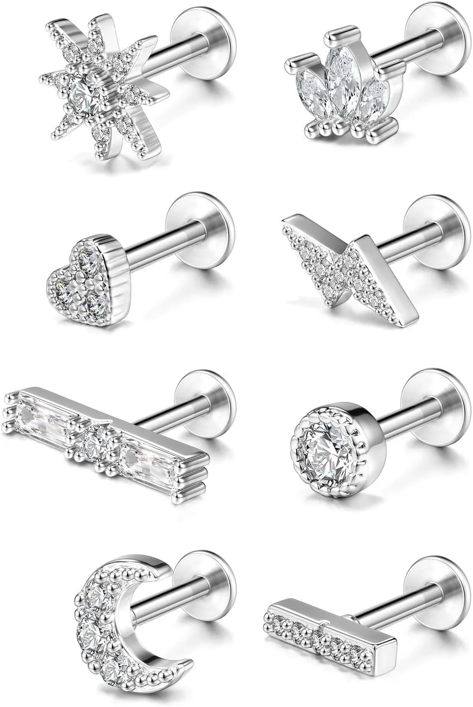 8PCS 16G Cartilage Earring Stud for Women Stainless Steel Helix Tragus Earrings Cartilage Earrings Cubic Zirconia Tragus Helix Piercing Studs for Women Men Piercing Jewelry