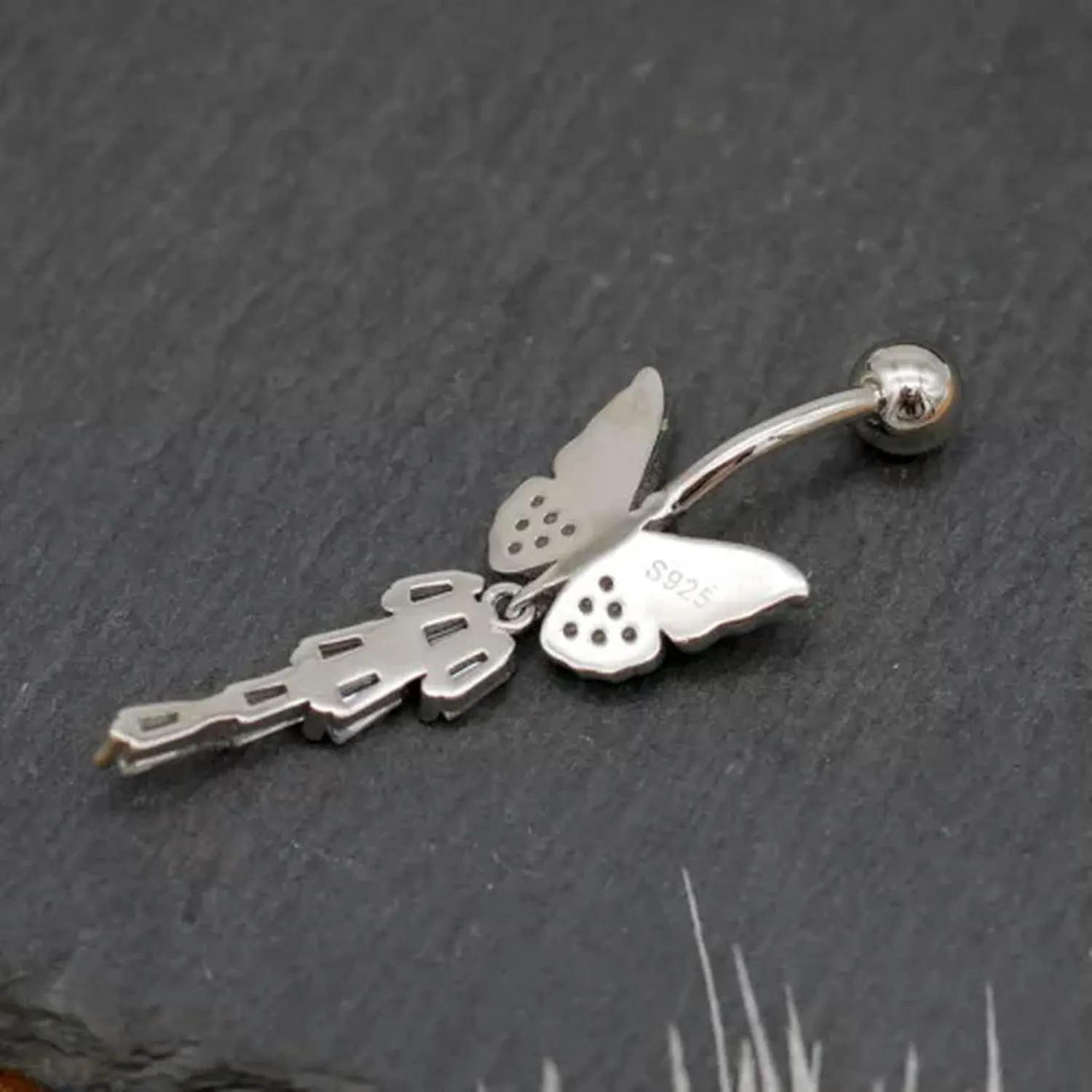 925 Silver Butterfly CZ Crystal Belly Button Navel Ring Piercing A4435-10mm