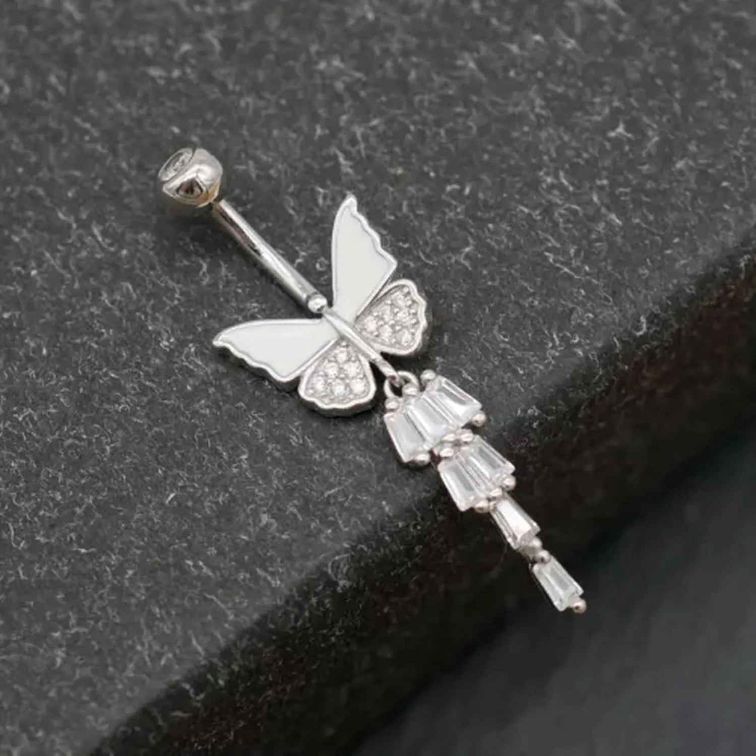 925 Silver Butterfly CZ Crystal Belly Button Navel Ring Piercing A4435-10mm