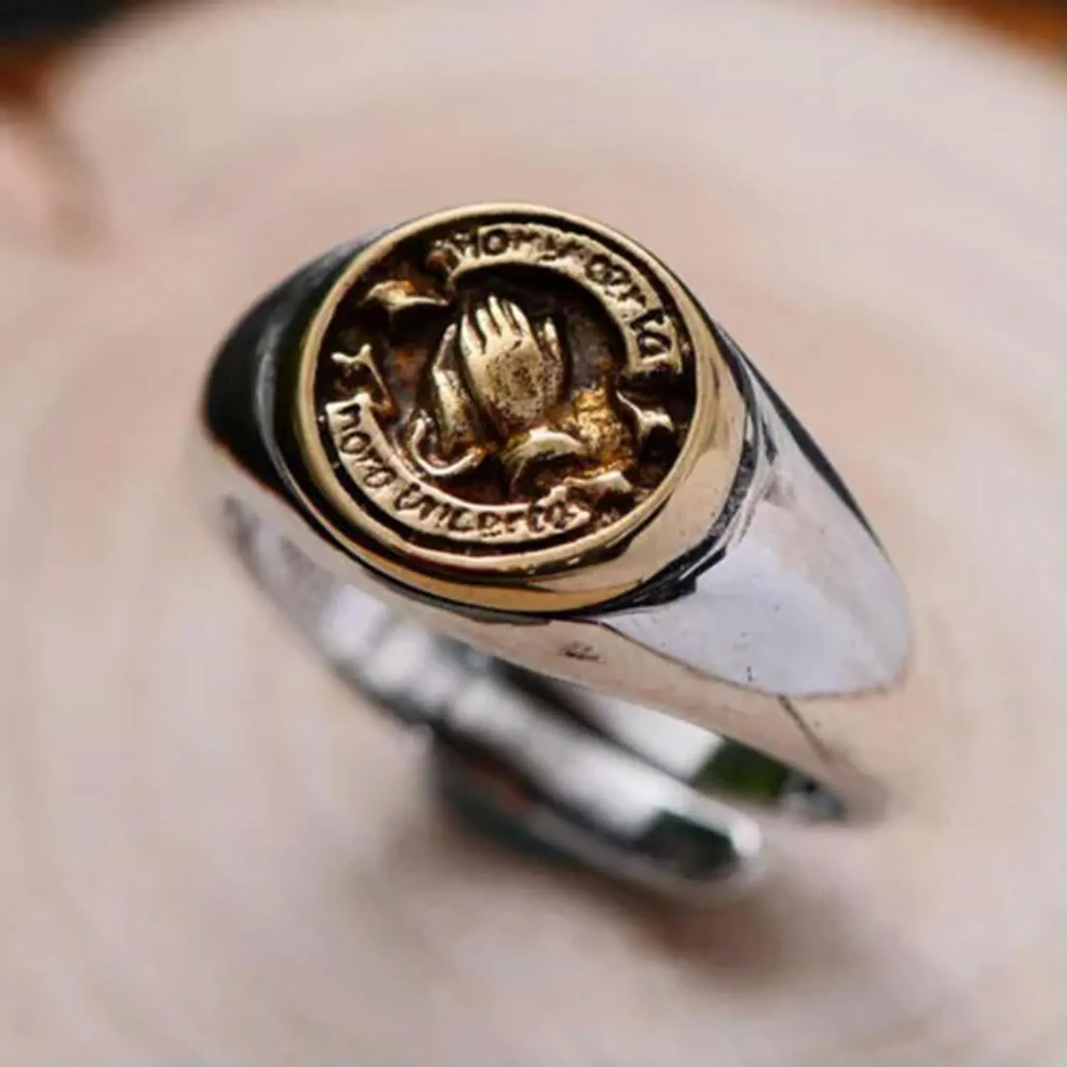 925 Silver&Brass Ring Faith Prayer Hand Hip Hop Adjustable A3581-9 - Adjustable