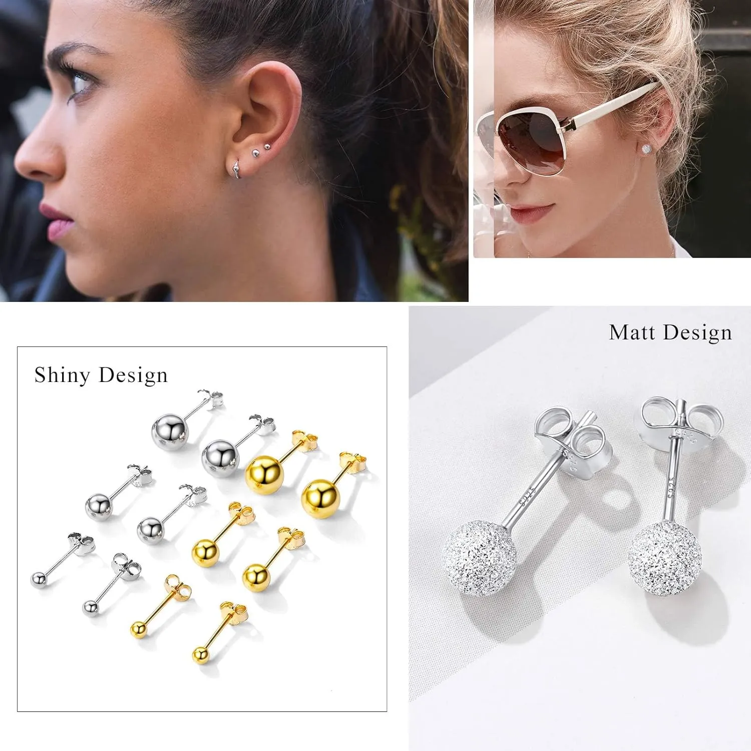 925 Sterling Silver Ball Stud Earrings Hypoallergenic for Sensitive Ears, 3mm/4mm/5mm/7mm, Post Earrings, Second Hole Earrings, Cartilage Earrings, Come with Box