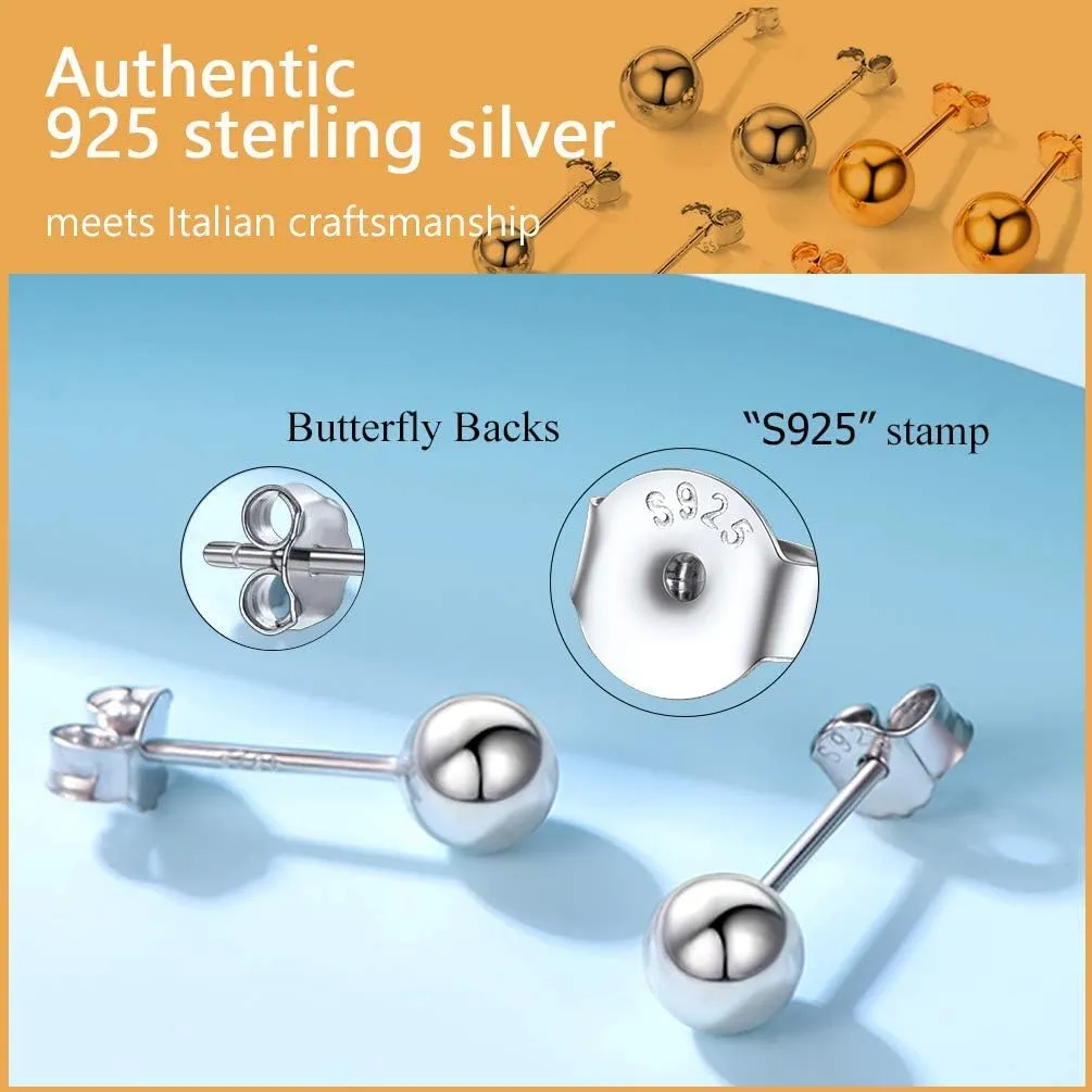 925 Sterling Silver Ball Stud Earrings Hypoallergenic for Sensitive Ears, 3mm/4mm/5mm/7mm, Post Earrings, Second Hole Earrings, Cartilage Earrings, Come with Box