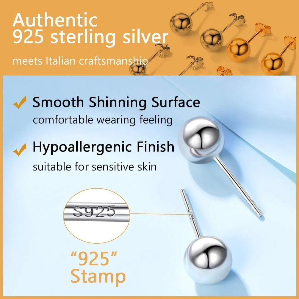 925 Sterling Silver Ball Stud Earrings Hypoallergenic for Sensitive Ears, 3mm/4mm/5mm/7mm, Post Earrings, Second Hole Earrings, Cartilage Earrings, Come with Box