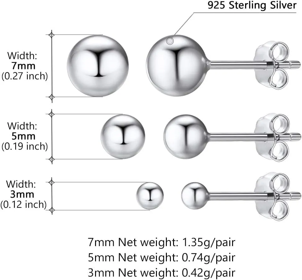 925 Sterling Silver Ball Stud Earrings Hypoallergenic for Sensitive Ears, 3mm/4mm/5mm/7mm, Post Earrings, Second Hole Earrings, Cartilage Earrings, Come with Box