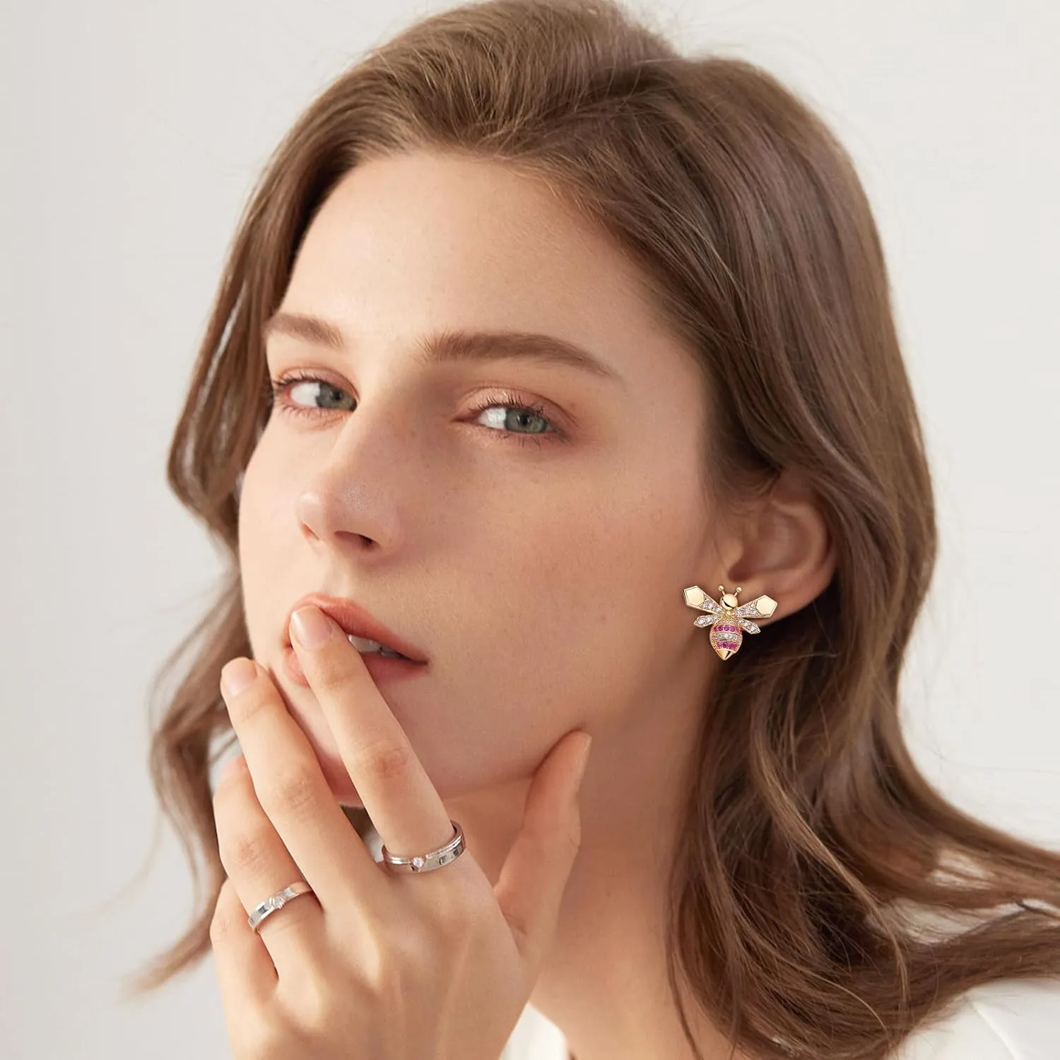 925 Sterling Silver Bee Stud Earrings for Women Girls Crystal Rhinestone Blue Gold Stud Earrings Cubic Zirconia Honey Cute Animal Earrings for Wife Mom Her