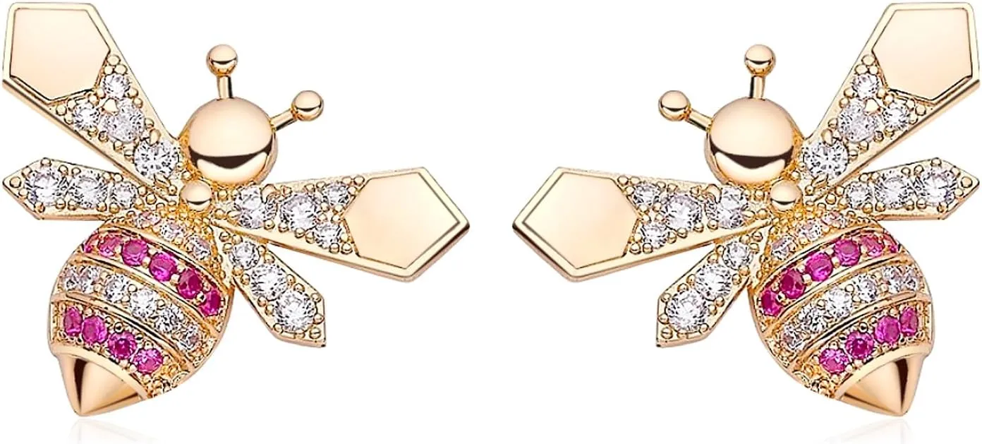 925 Sterling Silver Bee Stud Earrings for Women Girls Crystal Rhinestone Blue Gold Stud Earrings Cubic Zirconia Honey Cute Animal Earrings for Wife Mom Her