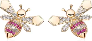 925 Sterling Silver Bee Stud Earrings for Women Girls Crystal Rhinestone Blue Gold Stud Earrings Cubic Zirconia Honey Cute Animal Earrings for Wife Mom Her