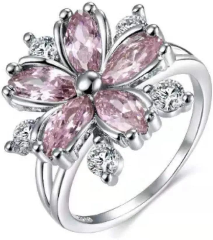 925 Sterling Silver Bi-color Fashion White Zircon Diamond Flower Ring Unique Creative Stream Universal Fashion Ring Size 5-11