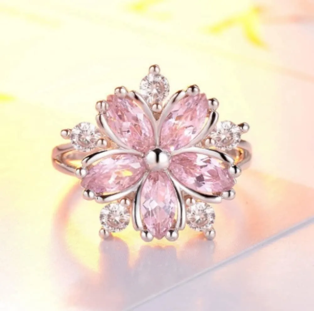 925 Sterling Silver Bi-color Fashion White Zircon Diamond Flower Ring Unique Creative Stream Universal Fashion Ring Size 5-11