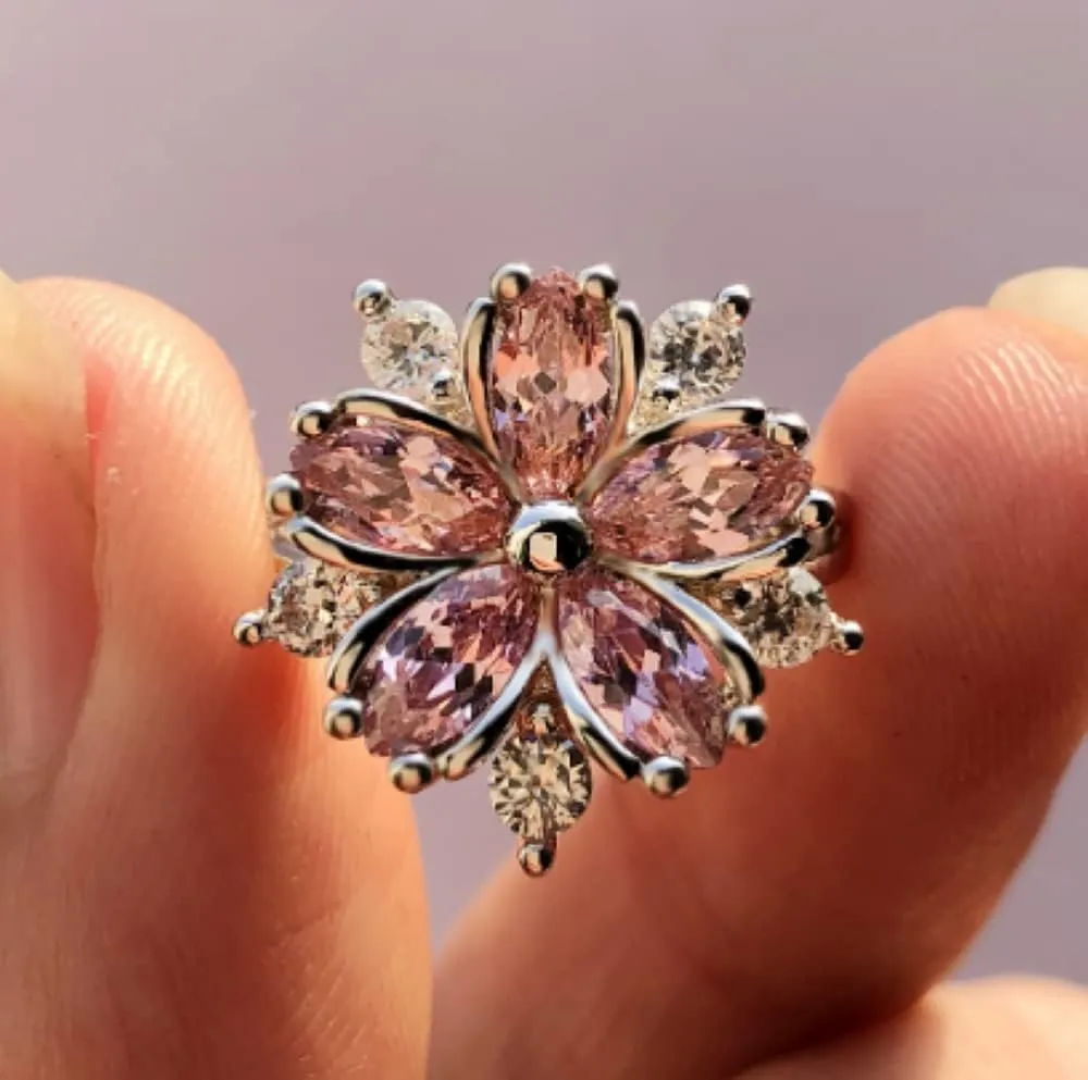 925 Sterling Silver Bi-color Fashion White Zircon Diamond Flower Ring Unique Creative Stream Universal Fashion Ring Size 5-11