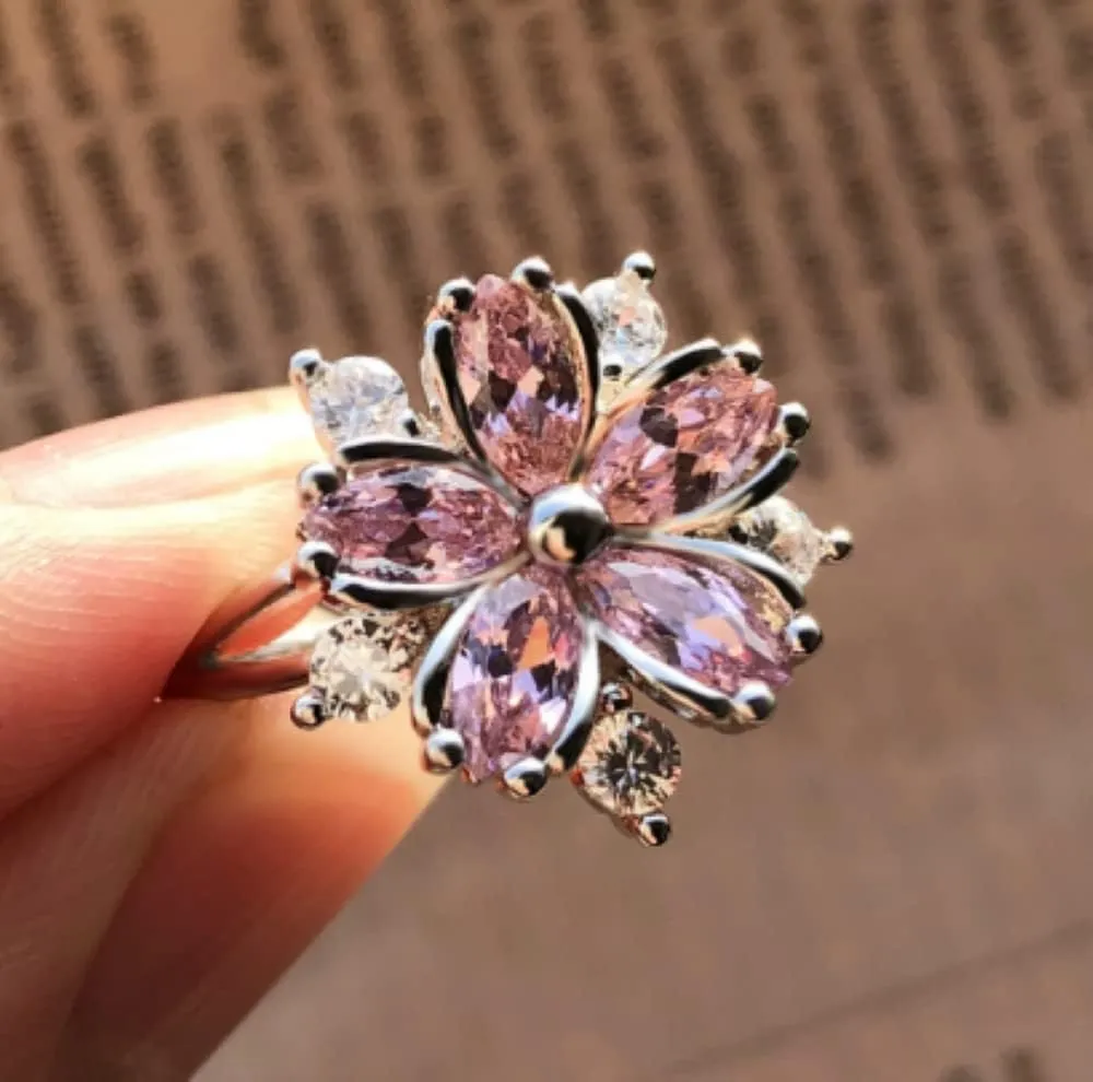 925 Sterling Silver Bi-color Fashion White Zircon Diamond Flower Ring Unique Creative Stream Universal Fashion Ring Size 5-11