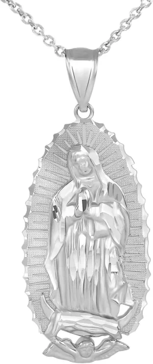 925 Sterling Silver Blessed Our Lady of Guadalupe Miraculous Medal Pendant Necklace, 1.2"