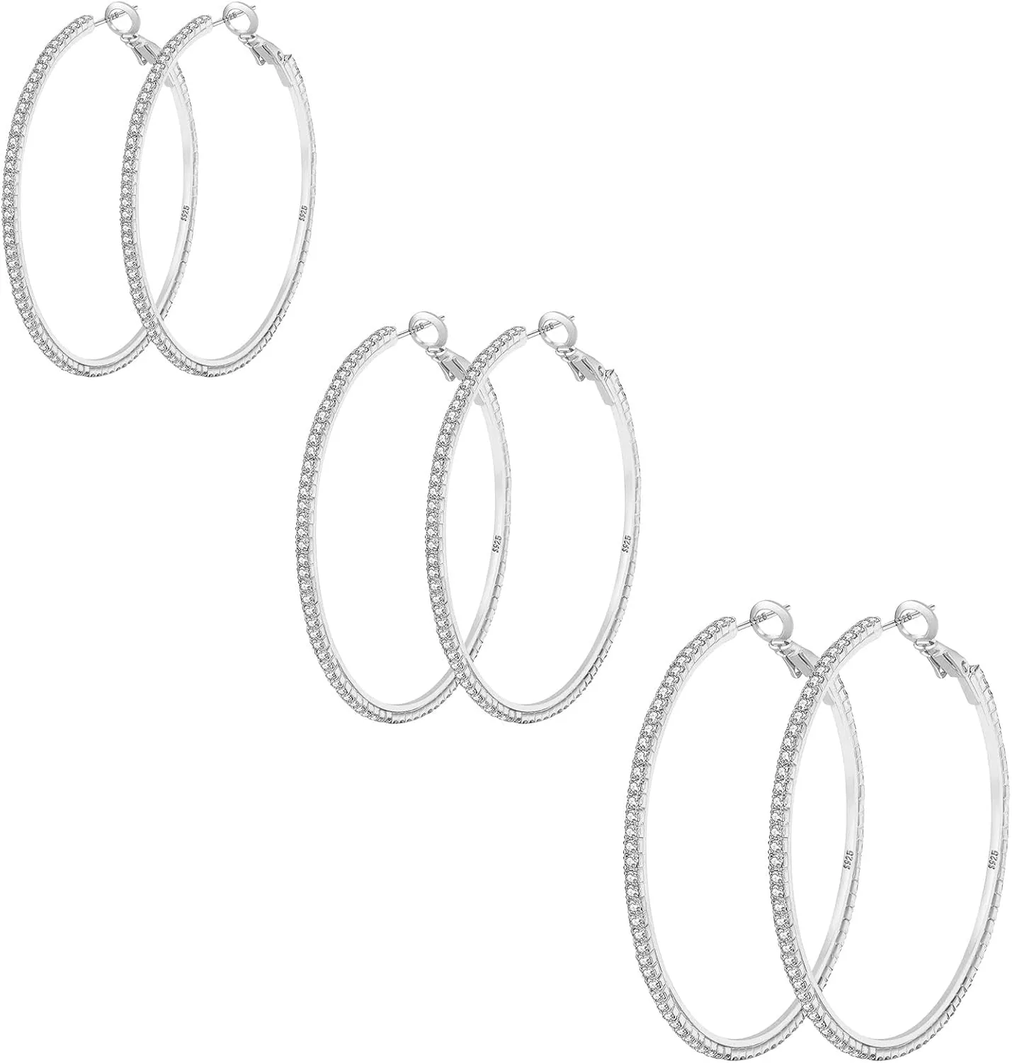 925 Sterling Silver Earrings Large Rhinestone Hoop Earrings Big Cubic Zirconia Hoop Earrings Thin Rhinestones Round Hoop Earrings for Women 20/30/40/50/60/70mm Sparkly Hoops With Crystals for Womens