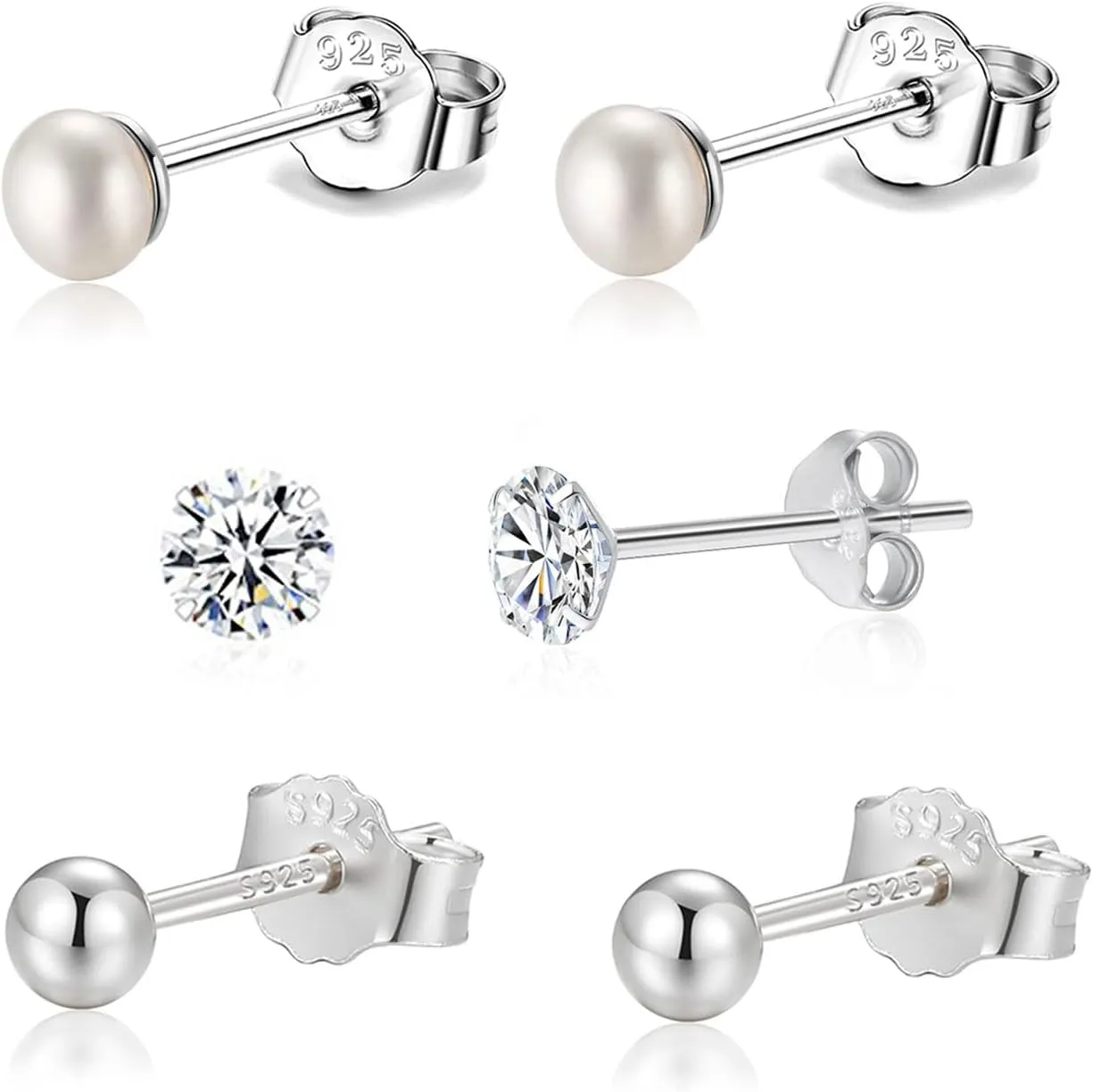 925 Sterling Silver Earrings Set 3PCS 3-5mm Tiny Ball CZ Pearl Stud Earrings Cartilage Studs for Women