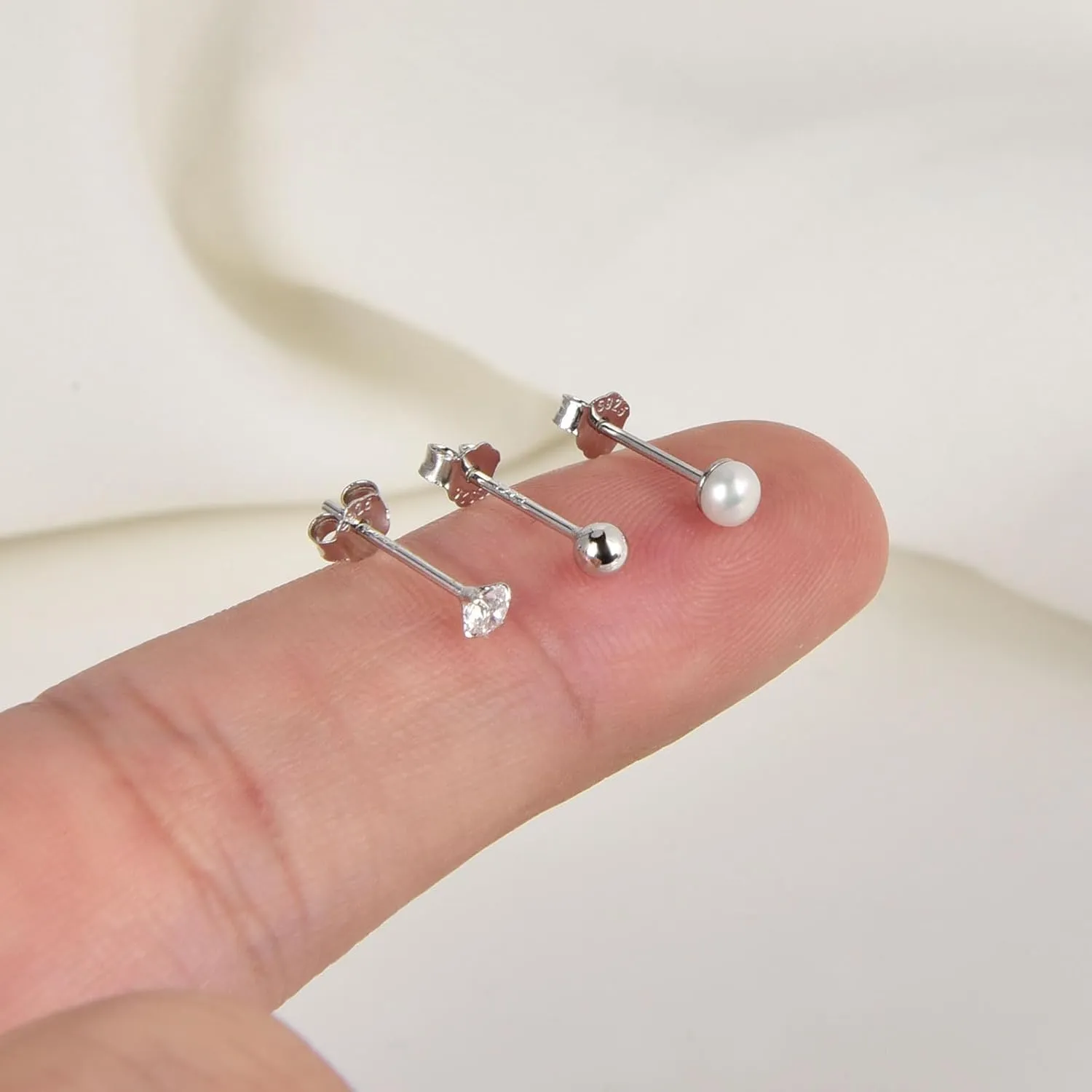 925 Sterling Silver Earrings Set 3PCS 3-5mm Tiny Ball CZ Pearl Stud Earrings Cartilage Studs for Women