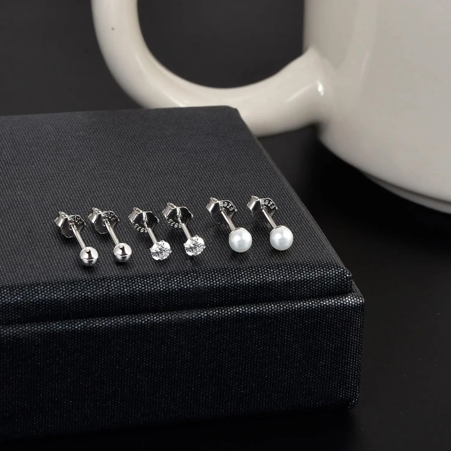 925 Sterling Silver Earrings Set 3PCS 3-5mm Tiny Ball CZ Pearl Stud Earrings Cartilage Studs for Women