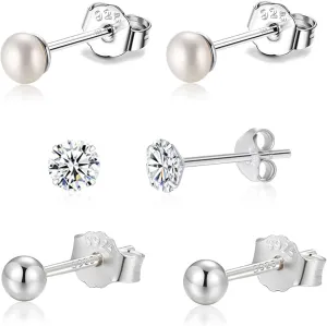 925 Sterling Silver Earrings Set 3PCS 3-5mm Tiny Ball CZ Pearl Stud Earrings Cartilage Studs for Women