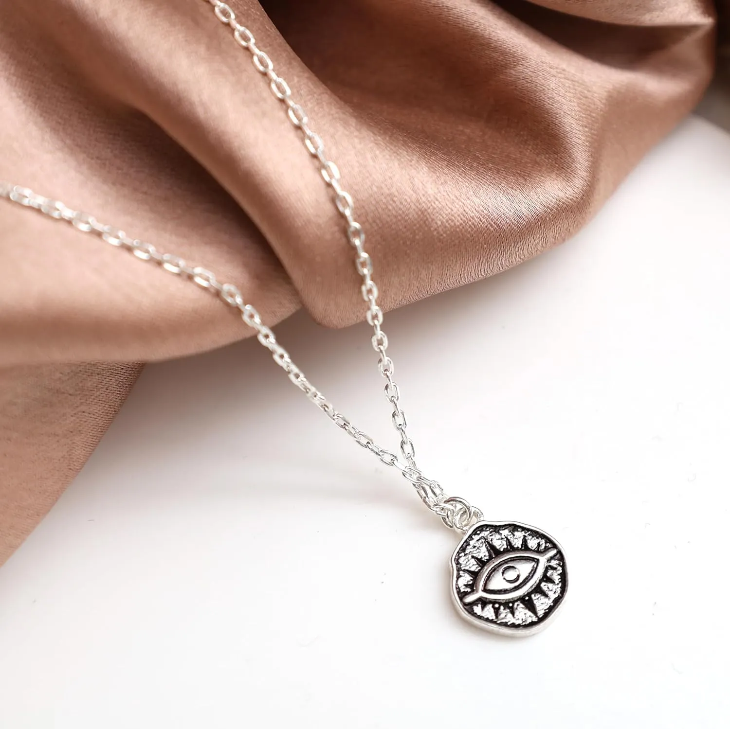 925 Sterling Silver Evil Eye Pendant Necklace For Women Lightweight Protection Necklace Oxidized Handmade Jewelry 18 inch Adjustable Chain Gift for Her