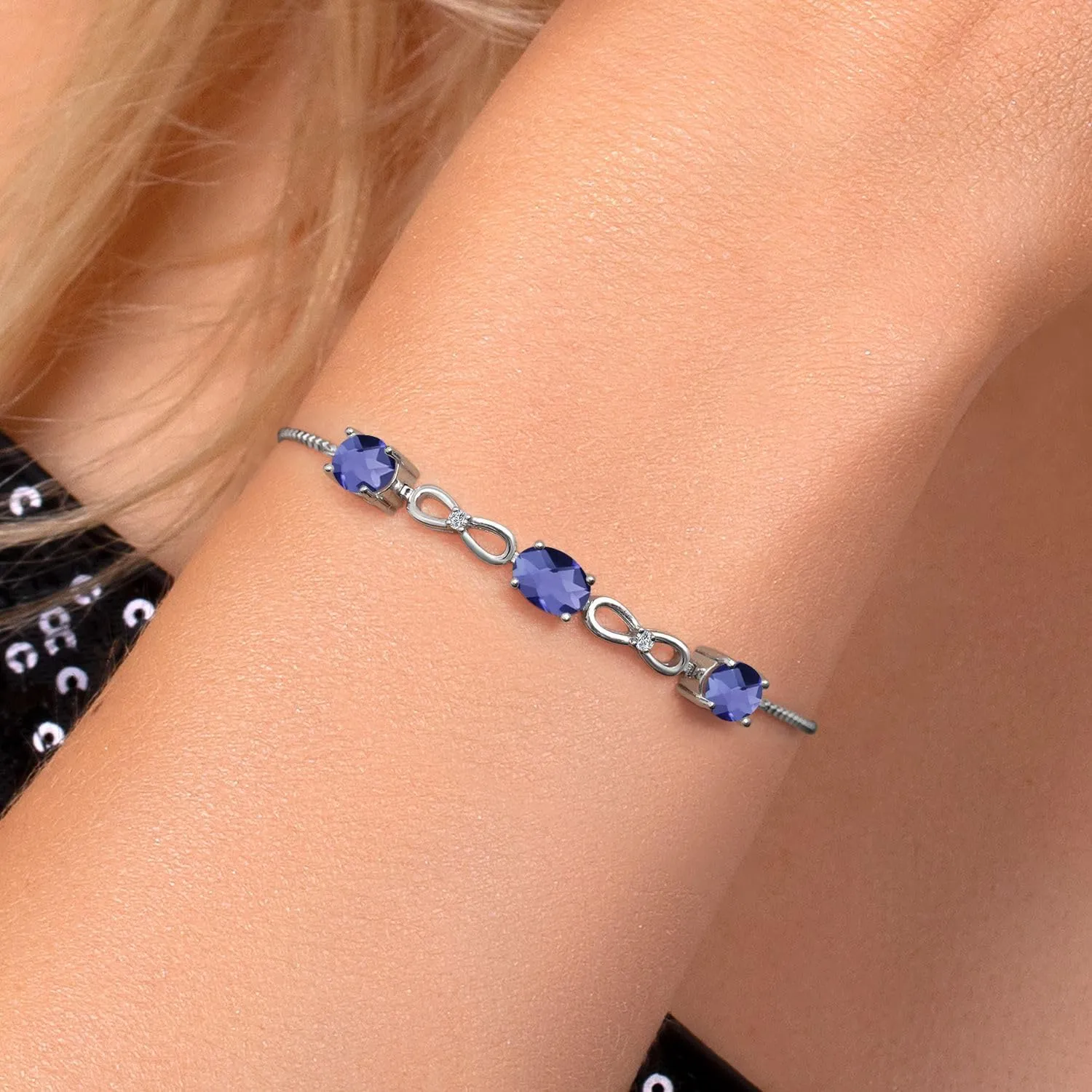 925 Sterling Silver Infinity 3-Stone Bracelet for Women with Gemstone Birthstone and White Moissanite Accents | Oval 7X5MM and Round 1.3MM | Fully Adjustable to 9 Inch | Fine Jewelry for Her Mom Wife