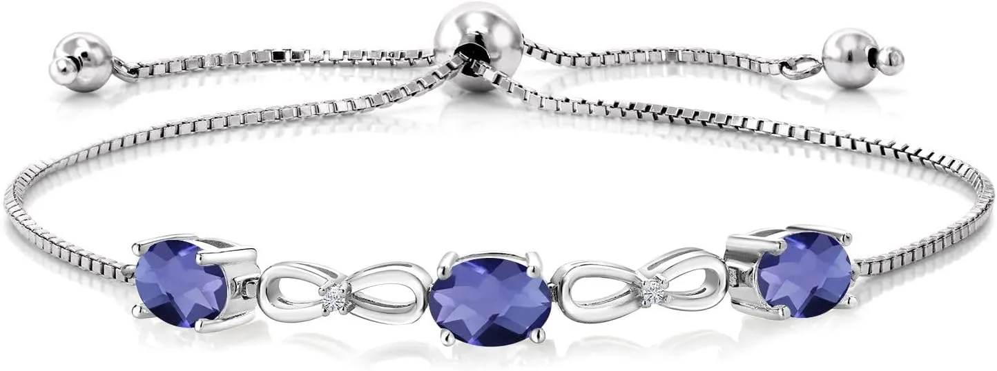 925 Sterling Silver Infinity 3-Stone Bracelet for Women with Gemstone Birthstone and White Moissanite Accents | Oval 7X5MM and Round 1.3MM | Fully Adjustable to 9 Inch | Fine Jewelry for Her Mom Wife