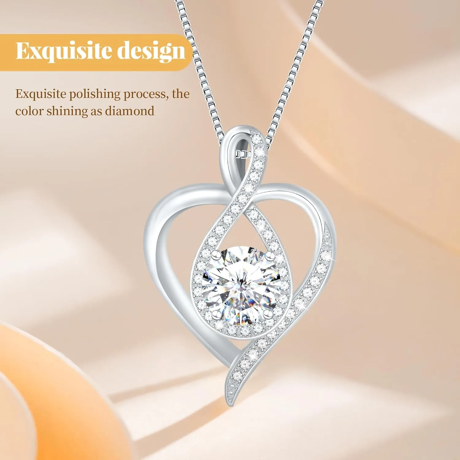 925 Sterling Silver Infinity Necklace - Elegant Heart Pendant Necklace for Women - Birthstone Women's Necklace for Mom, Wife, Girlfriend - Ideal Gift for Birthday, Anniversary, Wedding
