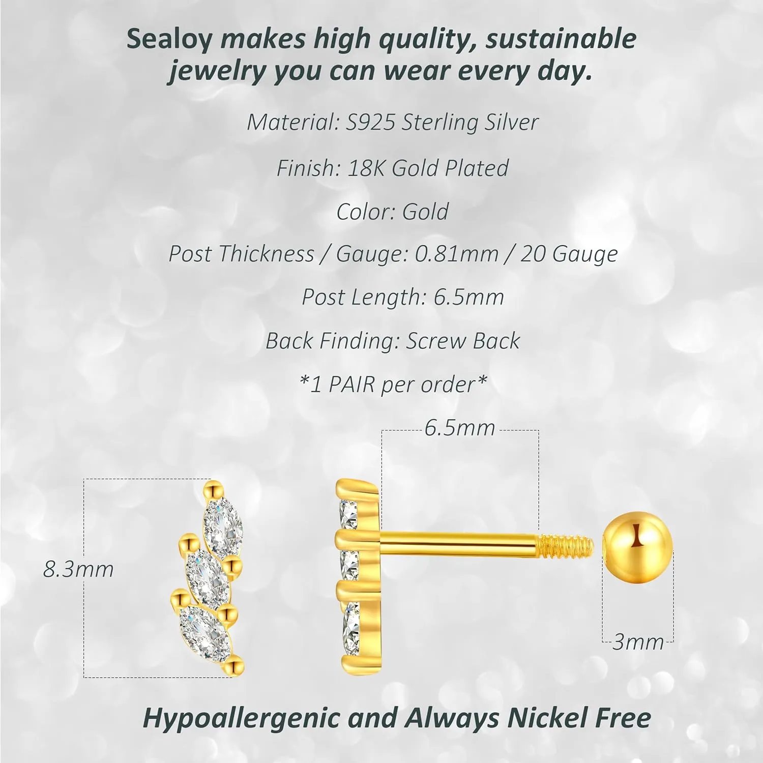 925 Sterling Silver Leaf Gold Screw Back Ball Stud Earrings for Women, Hypoallergenic Cartilage Helix Conch Targus Piercing Jewelry,20 Gauge Cubic Zirconia Small Stud Earrings