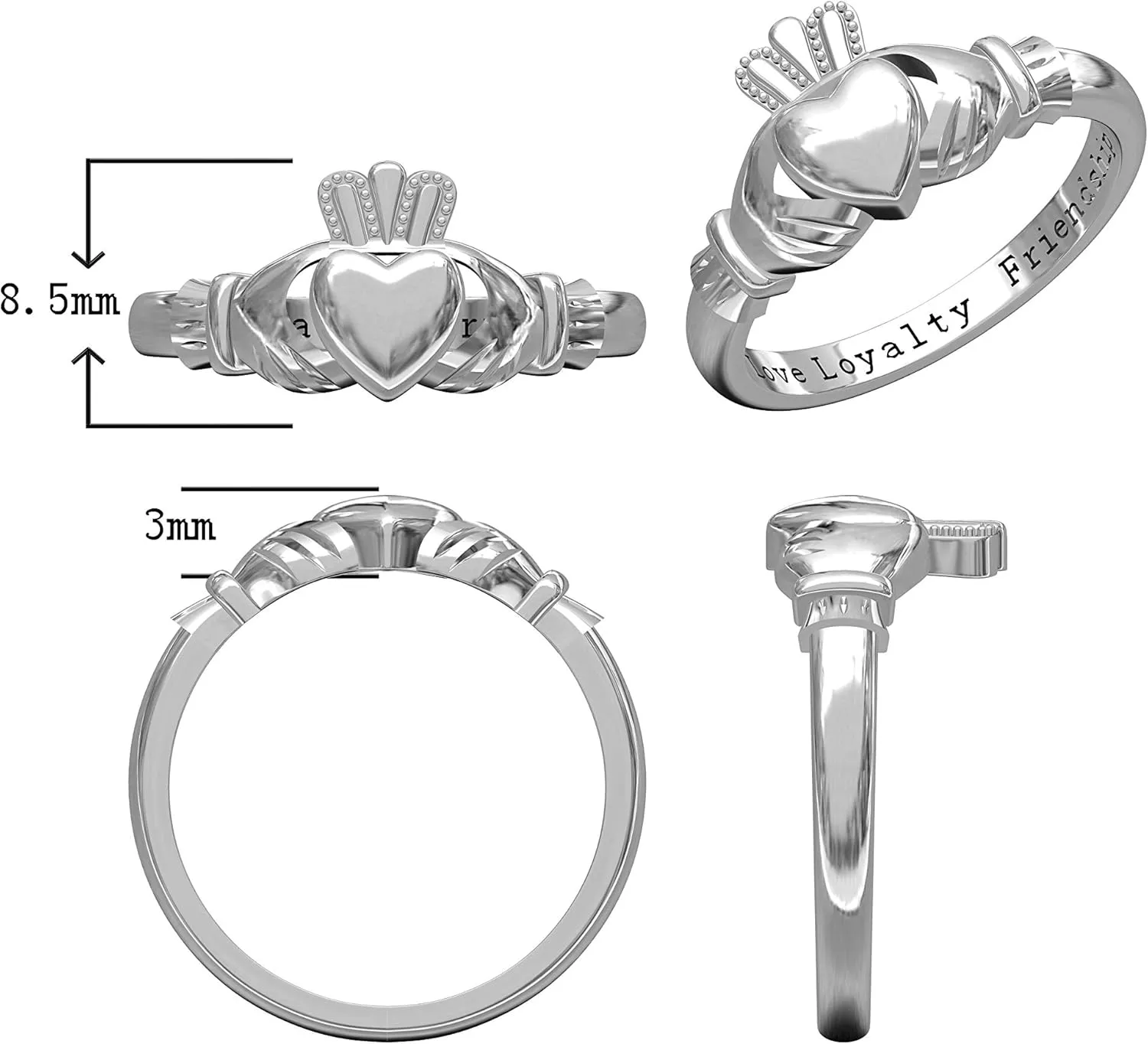 925 Sterling Silver Love Loyalty Friendship Engraved Irish Claddagh Ring