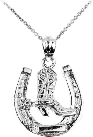 .925 Sterling Silver Lucky Horseshoe with Cowboy Boot Charm Pendant Necklace - Choice of Pendant Only or Chain Length