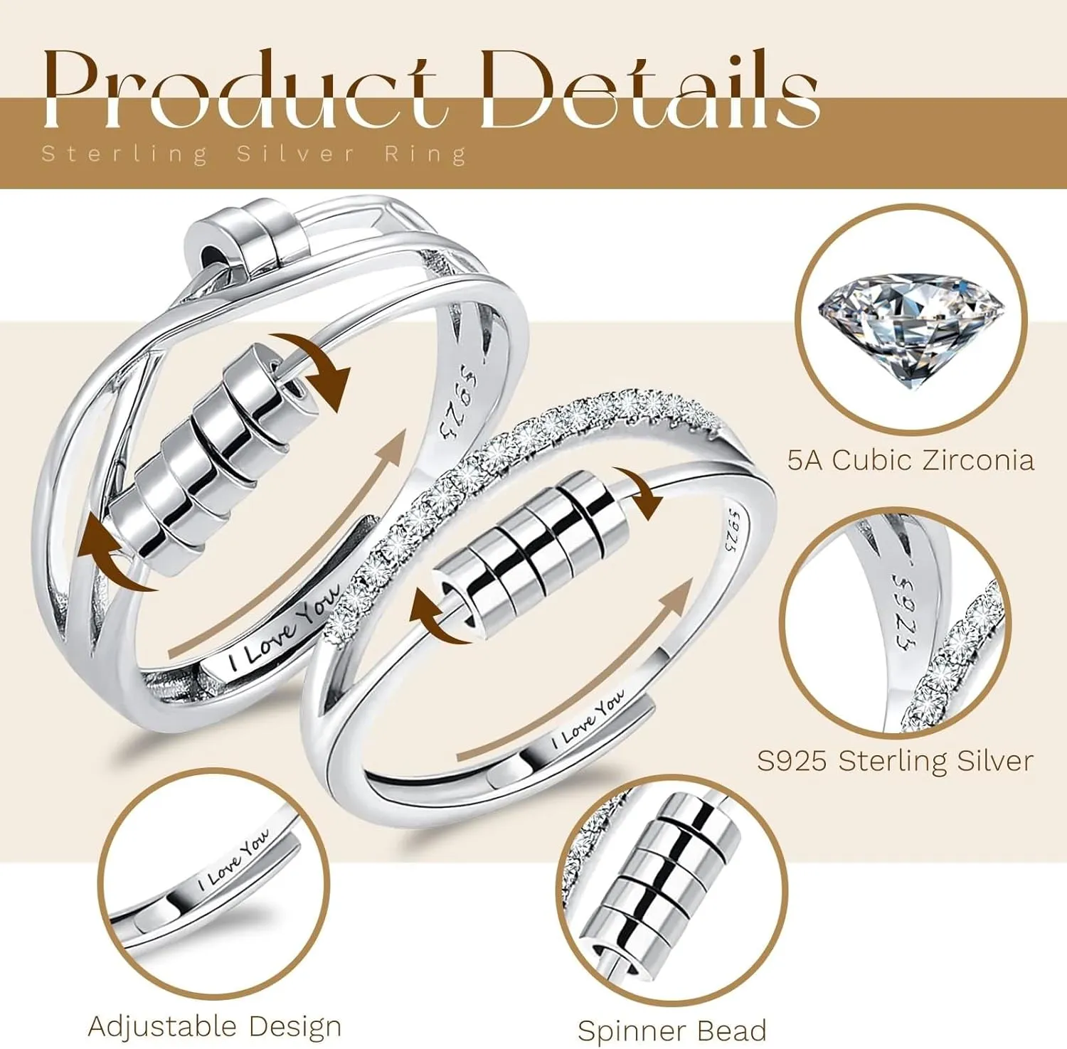 925 Sterling Silver Matching Rings for Couples, Him and Her Spinner Anxiety Rings Fidget with Cubic Zirconia Adjustable Promise Engagement Jewelry