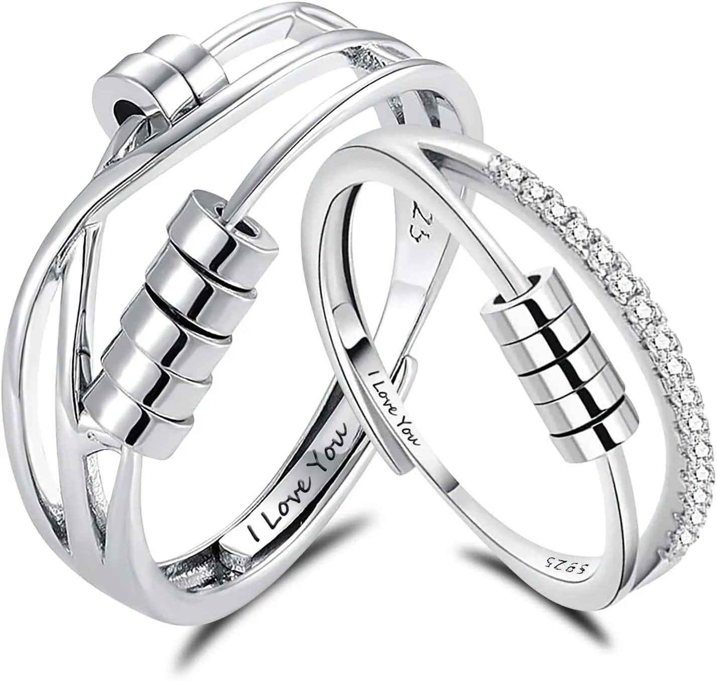925 Sterling Silver Matching Rings for Couples, Him and Her Spinner Anxiety Rings Fidget with Cubic Zirconia Adjustable Promise Engagement Jewelry
