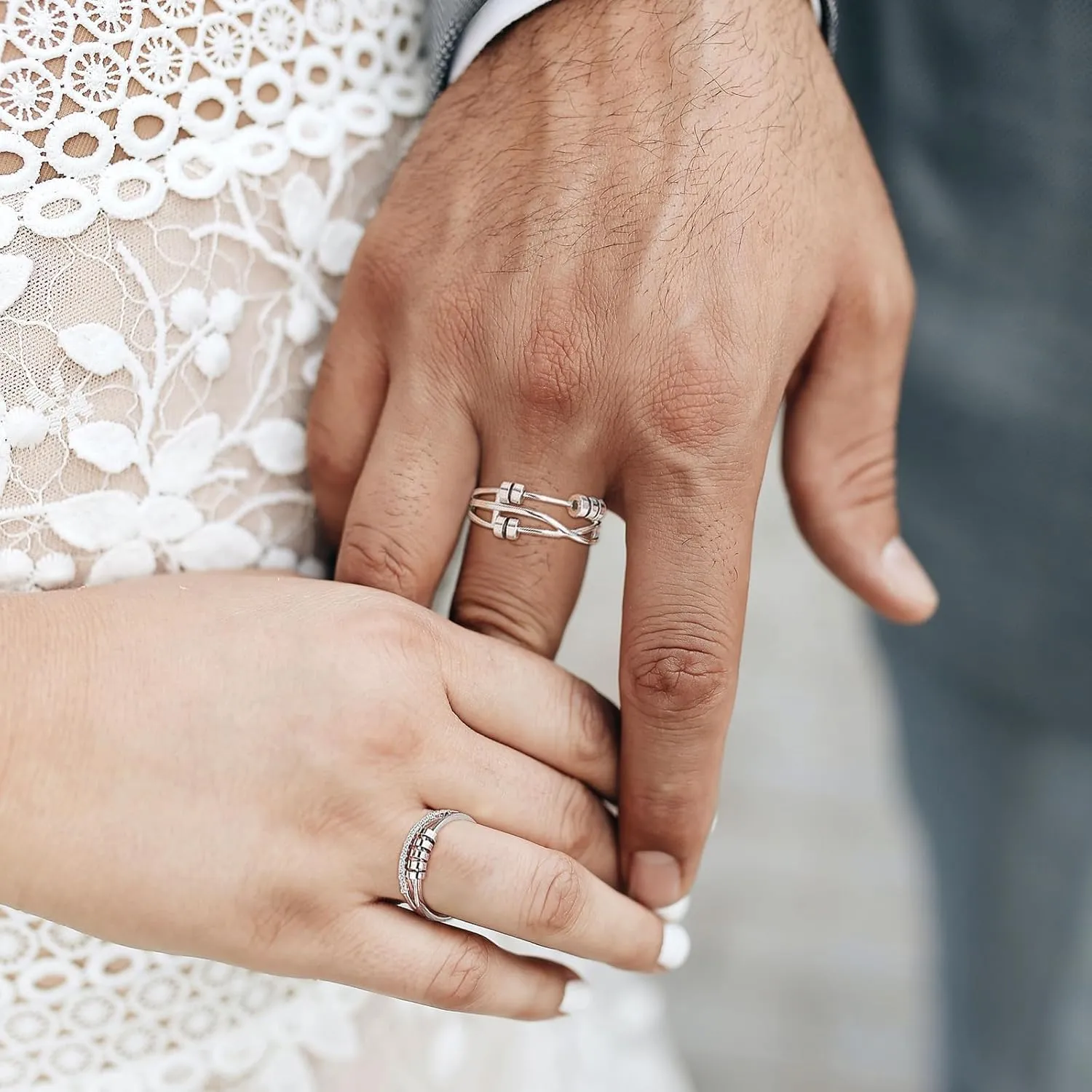 925 Sterling Silver Matching Rings for Couples, Him and Her Spinner Anxiety Rings Fidget with Cubic Zirconia Adjustable Promise Engagement Jewelry