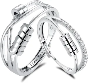 925 Sterling Silver Matching Rings for Couples, Him and Her Spinner Anxiety Rings Fidget with Cubic Zirconia Adjustable Promise Engagement Jewelry