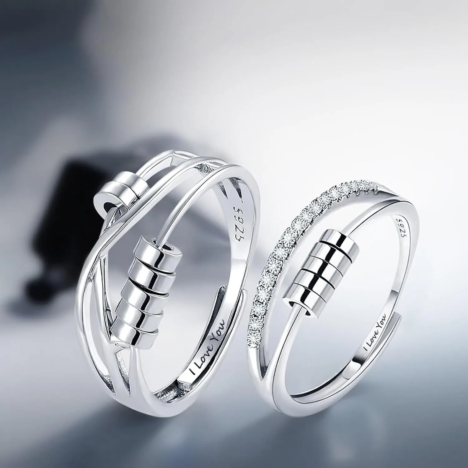 925 Sterling Silver Matching Rings for Couples, Him and Her Spinner Anxiety Rings Fidget with Cubic Zirconia Adjustable Promise Engagement Jewelry