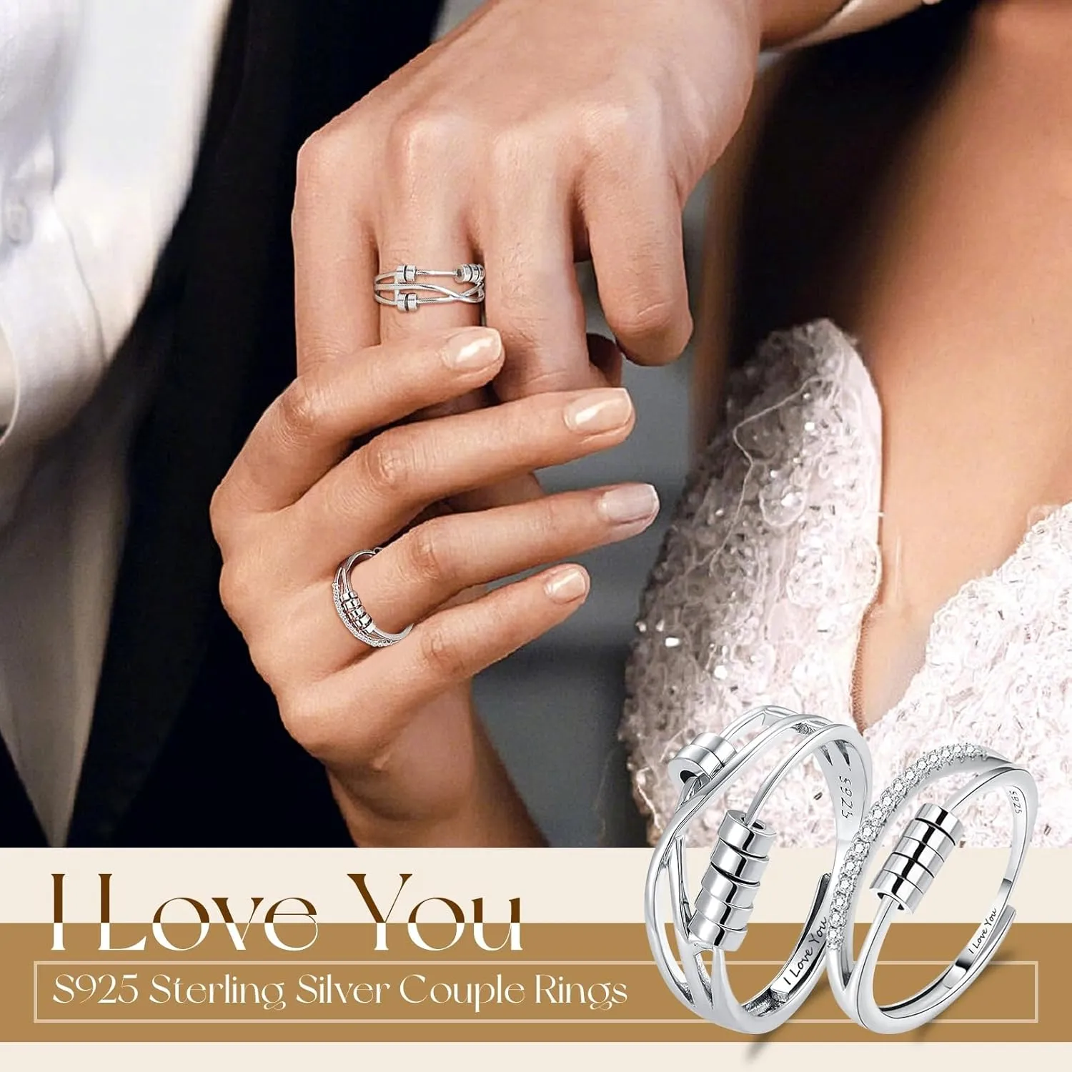 925 Sterling Silver Matching Rings for Couples, Him and Her Spinner Anxiety Rings Fidget with Cubic Zirconia Adjustable Promise Engagement Jewelry