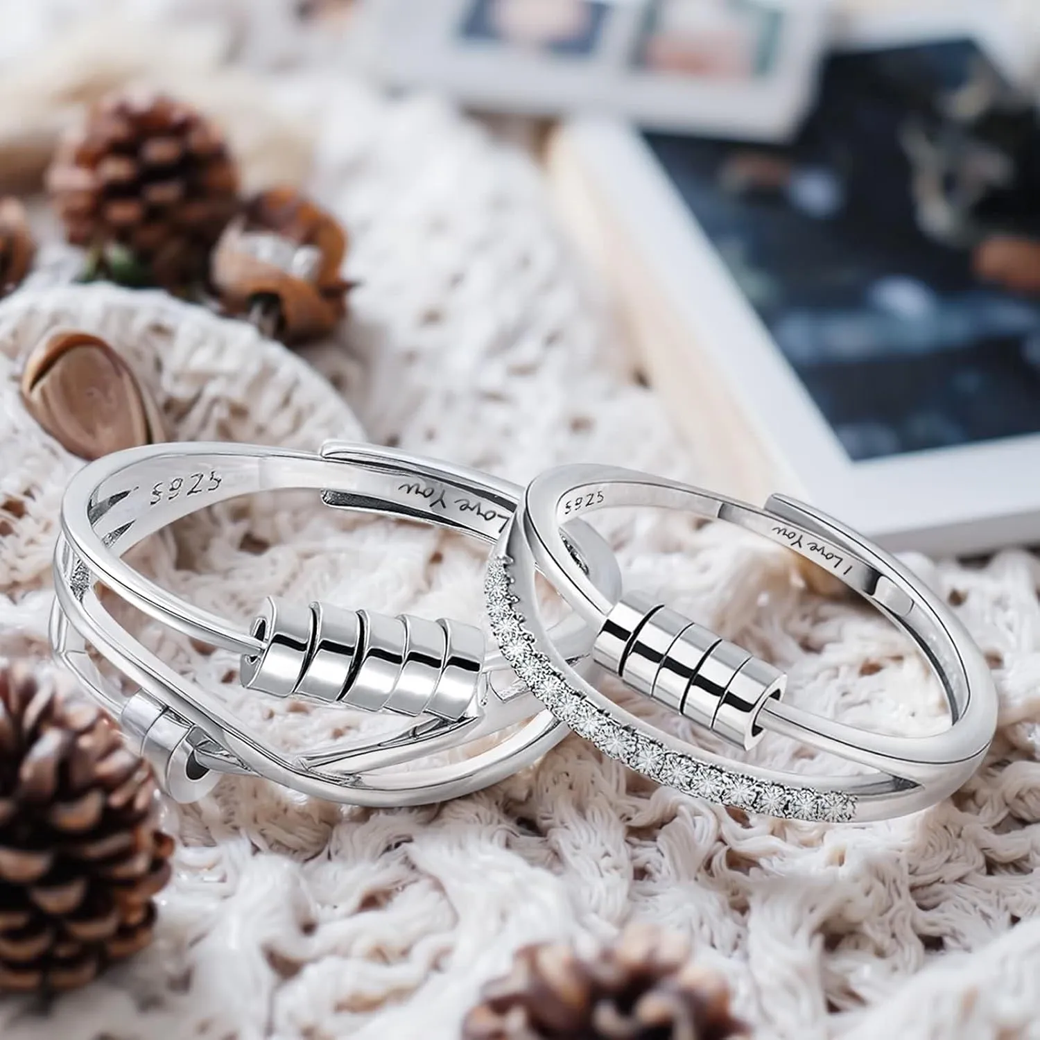 925 Sterling Silver Matching Rings for Couples, Him and Her Spinner Anxiety Rings Fidget with Cubic Zirconia Adjustable Promise Engagement Jewelry