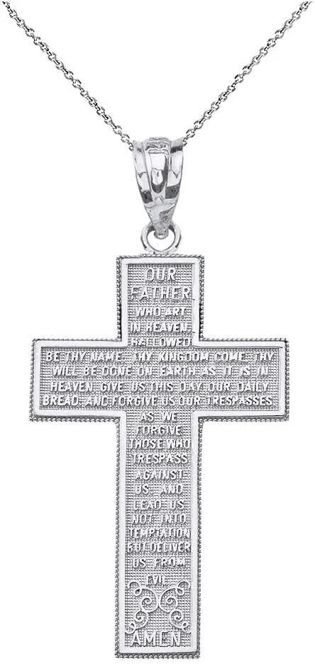 925 Sterling Silver Our Father Lord's Prayer Cross Pendant Necklace