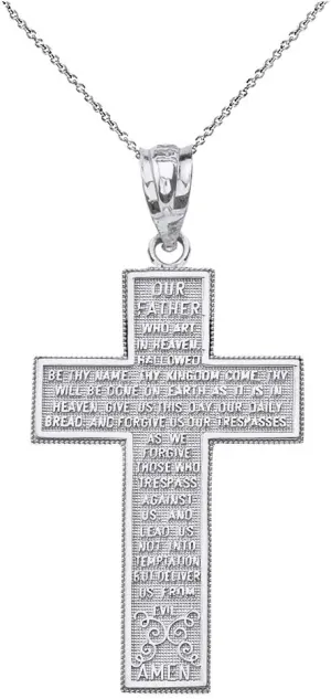 925 Sterling Silver Our Father Lord's Prayer Cross Pendant Necklace