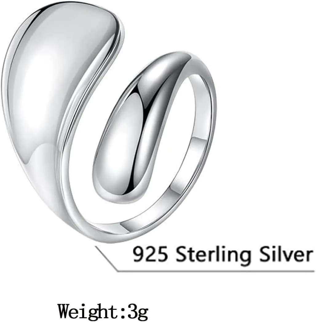 925 Sterling Silver Rings Handmade Rings Adjustable Open Teardrop Rings Waterdrop Ring for Women