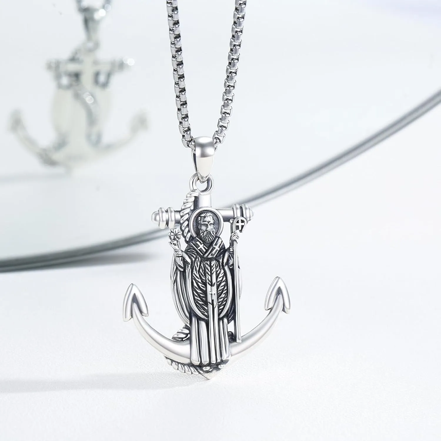 925 Sterling Silver Saint Christopher/Benedict/Michael/Patrick/Raphael Necklace for Men Patron Saint Necklace with Anchor Pendant Amulet Necklaces Protection Jewelry with 22" 2" Rolo Chain