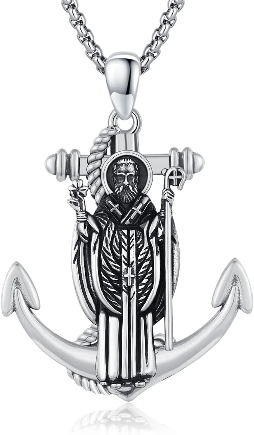 925 Sterling Silver Saint Christopher/Benedict/Michael/Patrick/Raphael Necklace for Men Patron Saint Necklace with Anchor Pendant Amulet Necklaces Protection Jewelry with 22" 2" Rolo Chain