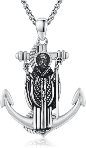 925 Sterling Silver Saint Christopher/Benedict/Michael/Patrick/Raphael Necklace for Men Patron Saint Necklace with Anchor Pendant Amulet Necklaces Protection Jewelry with 22" 2" Rolo Chain