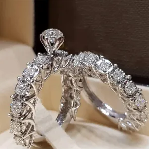 925 Sterling Silver Shiny Full Diamond Gemstone Ring Cubic Zirconia Rings CZ Diamond Ring Double Ring Eternity Engagement Wedding Band Ring for Women (US Code 6)